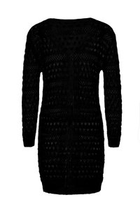 Černé pletené svetr šaty s dlouhými rukávy, s texturovaným vzorem geometrických tvarů a detaily s otevřeným tkaním.