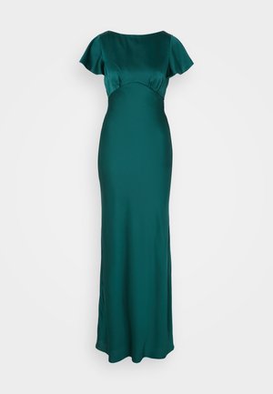 Lang satin kjole i dyp teal, med korte flørtende ermer og en tettsittende bodice, som flyter sømløst til en rett kant.