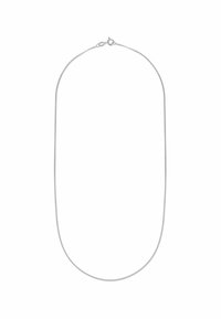 Halskette aus silberfarbenem Metall mit einem glatten, runden Design, ausgestattet mit einem Karabinerverschluss und einer flexiblen, leicht reflektierenden Textur.