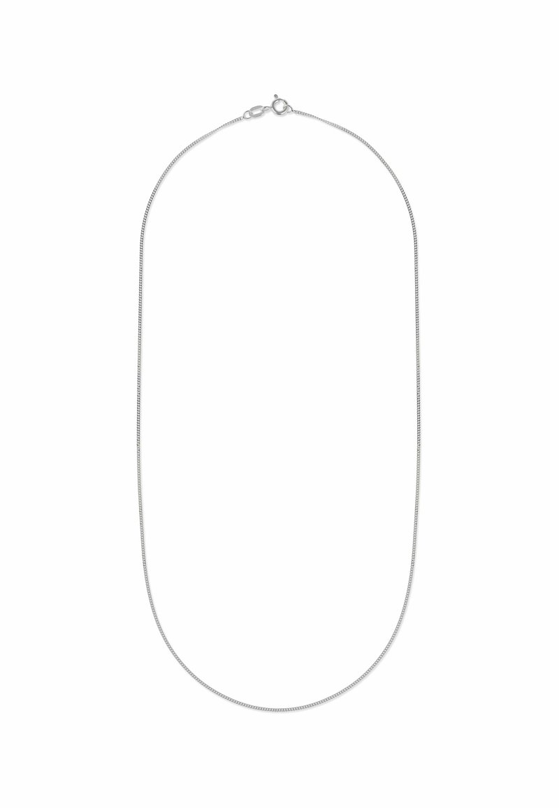 Halskette aus silberfarbenem Metall mit einem glatten, runden Design, ausgestattet mit einem Karabinerverschluss und einer flexiblen, leicht reflektierenden Textur.