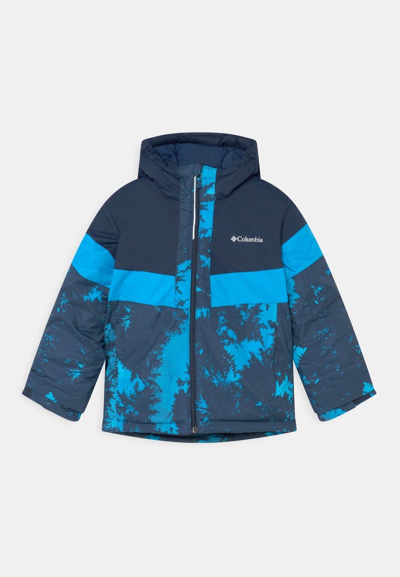 Sininen ja laivastonsininen tikkitakki hupulla, jossa on väriblokattu muotoilu, abstrakti kuvio ja etuvetoketju. Columbia-logo rinnassa.