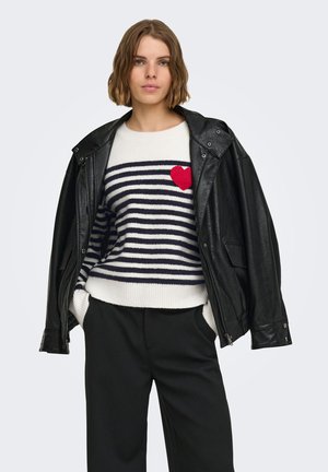 ONLY, ONLELLA LS HEART O-NECK CS KNT - Pullover - whitecap gray detail black stripes true red heart heart buttons