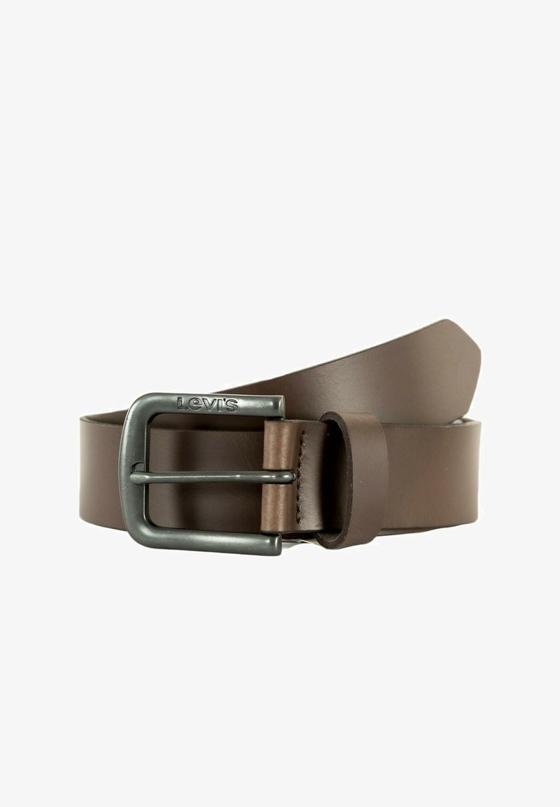 Brown leather belt with a silver-tone metal buckle. The belt is smooth-textured and features a classic design with a simple, rectangular shape.