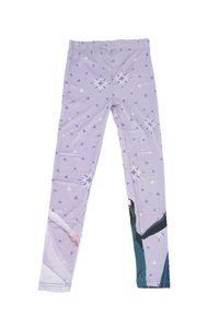 Fioletowe legginsy z powtarzającym się małym wzorem trójkatów oraz dużymi grafikami płatków śniegu, z nadrukami postaci na dolnej części nogawek.