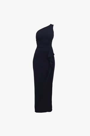 Marineblaues Ein-Schulter-Kleid aus glattem Stoff, mit fitted Bodice, seitlichem Rüschendetail und bodenlanger Silhouette.