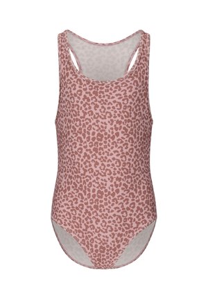 Pinkfarbiger Einteiler-Badeanzug mit braunem Leopardenmuster und Racerback-Stil.