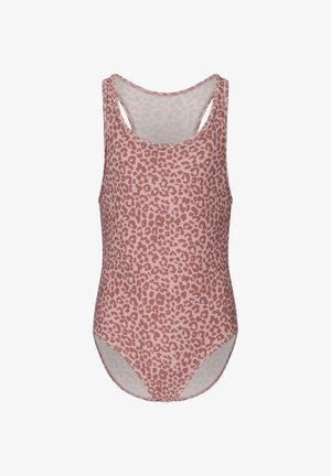 Pink badedragt med brun leopardprint og racerback-stil.