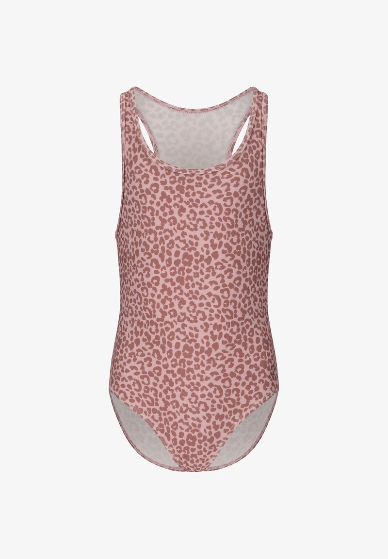 Maillot de bain une pièce rose avec motif léopard marron et style dos nageur.