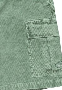 Lys grønne fløjlsshorts med en sidelomme med klap, lodret ribbet struktur og et logo-patch i nederste hjørne.
