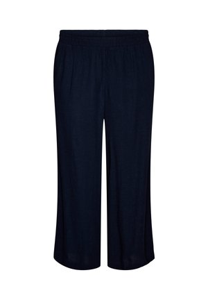 Zwarte broek met wijde pijpen, elastische taille, losse pasvorm en rechte zoom, afgebeeld op een effen witte achtergrond.