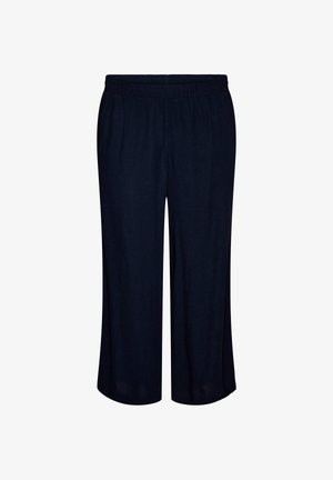 Črne hlače širokih nog z elastičnim pasom, ohlapnim krojem in ravnimi robovi, prikazane na enobarvnem belem ozadju.