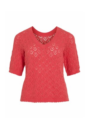 Haut en maille rouge à manches courtes avec œillets à motif losange, encolure en V, et bordures côtelées aux manches et à l'ourlet.