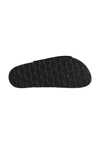 Semelle de chaussure en caoutchouc noir avec un motif hexagonal texturé. Bords lisses et pointe légèrement arrondie. Conçue pour l'adhérence et la durabilité.