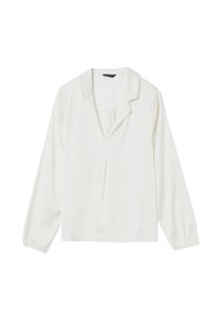 Blusa bianca con maniche lunghe, scollatura a V e un piccolo plissettato sul davanti. Tessuto liscio con una sottile lucentezza e design con colletto.