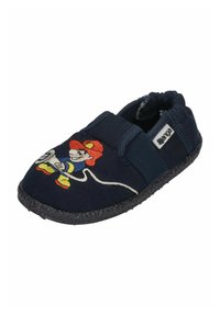 Marineblauer Textilschuh mit elastischem Band, ausgestattet mit einem in Rot und Gelb eingestickten Charakter. Texturierte Gummisohle für besseren Halt.