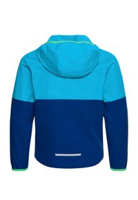 Μπλε διχρωμία μπουφάν με κουκούλα, μακριά μανίκια, ελαστικές μανσέτες και μικρή αντανακλαστική λωρίδα στο κάτω μέρος της πλάτης.