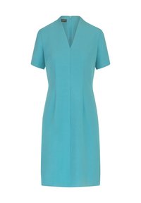 Ein kurzärmliges, knielanges Kleid in einfarbig Türkis, mit einem V-Ausschnitt, tailliertem Schnitt und einem verdeckten Reißverschluss im Rücken.