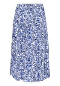 Blau-weißes knielanges Rock mit elastischem Bund und intricatem Blumen- und geometrischem Muster.