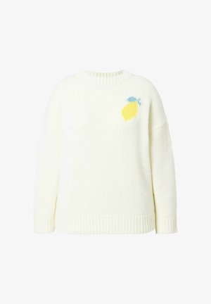 Maglione color crema con colletto a girocollo a coste, spalle scese e grafica di limone gialla e blu sulla parte anteriore. Tessuto a maglia morbida.