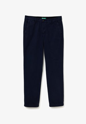 Marineblauwe katoenen chinos met een rechte snit, voorzakken en een knoopsluiting. Glad textuur, lichtgewicht stof, ideaal voor casual dragen.