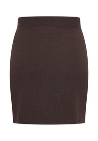 Dunkelbrauner gestrickterMinirock mit breitem Bund, glatter Textur und taillierter Silhouette. Keine Muster oder zusätzlichen Akzente sichtbar.