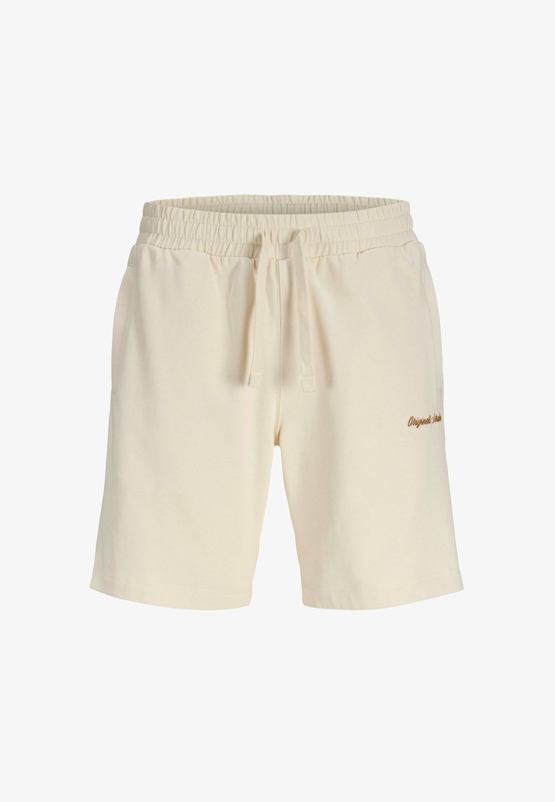 Pantaloncini in cotone beige con vita elastica e coulisse. Tasche laterali e ricamo "Originals" in marrone sulla gamba sinistra.