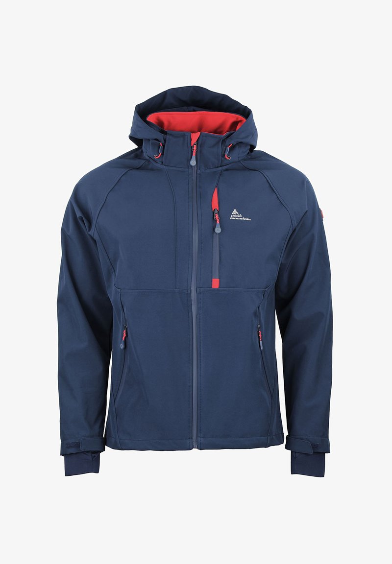 Chaqueta softshell azul marino con interior rojo, capucha ajustable, bolsillos con cremallera en la parte frontal y puños elásticos. Presenta un logo de montaña en el pecho.