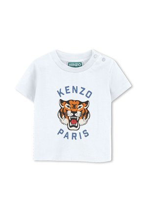 T-shirt blanc manches courtes pour tout-petit avec logo Kenzo Paris et un motif visage de tigre rugissant en orange, noir et blanc sur le devant.