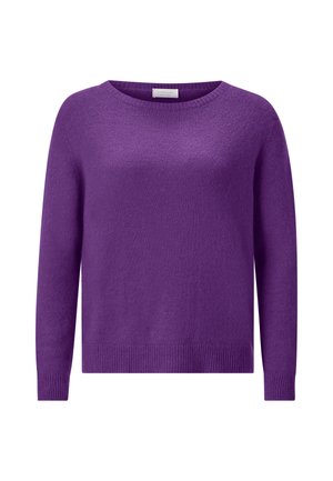 Purple knitted sweater with long sleeves, round neckline, and ribbed hem. Made from a soft, textured material, featuring a solid color design.