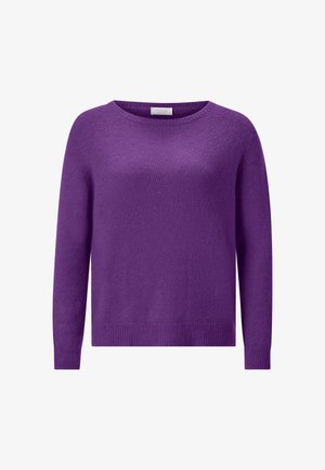 Lila gestrickter Pullover mit langen Ärmeln, rundem Ausschnitt und geripptem Saum. Hergestellt aus einem weichen, strukturierten Material und mit einem einfarbigen Design.