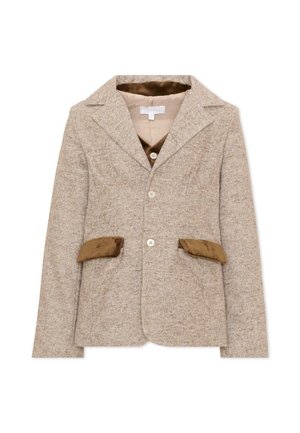 Beige gestructureerde damesblazer met drie knopen en twee bruine fluwelen klepzakken aan de voorkant tegen een witte achtergrond.