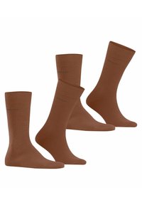 Braune Baumwollsocken mit gerippten Bündchen, die eine glatte Textur und ein dezentes Logo-Detail aufweisen. Enthält zwei Paar in unterschiedlichen Höhen.