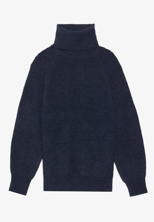 Laivasto sininen pusero, joka on valmistettu pehmeästä neuloksesta, jossa on pitkät, hieman puffeutetut hihat ja rento istuvuus. Rakoileva pinta tuo syvyyttä.