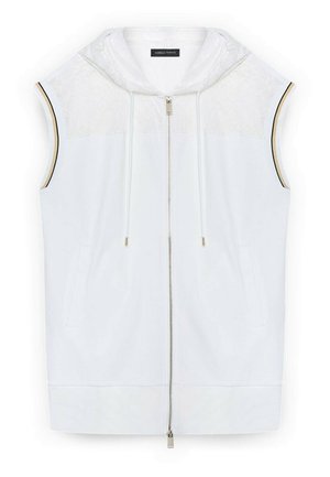 Felpa bianca senza maniche con zip e cappuccio, con un delicato motivo floreale sulla parte superiore del petto, coulisse e rifiniture nere e dorate sulle asole delle braccia.