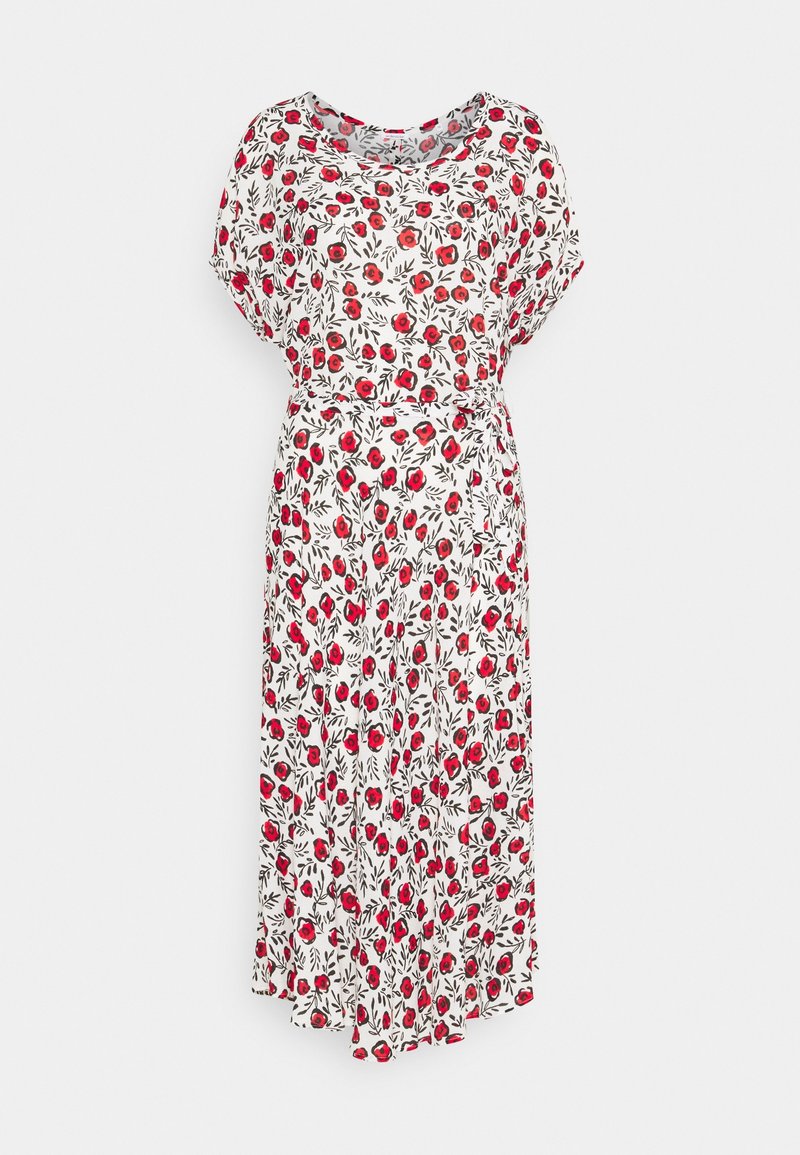 Maxi sukienka z lekkiego materiału, z białym tłem w czerwony kwiatowy wzór i zielone liście, krótki rękaw typu dolman oraz pasek w talii.