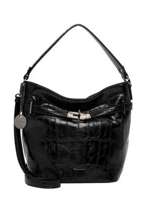 Sac à main en simili cuir noir avec un motif crocodile, de forme hobo, doté d'une bandoulière réglable et d'accents en métal argenté.