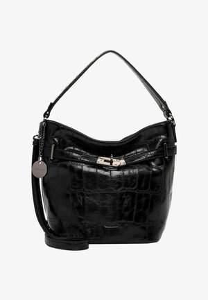 Zwarte faux leren handtas met een krokodillenpatroon, in een hobo-vorm, met een verstelbare schouderband en accenten van verzilverd metaal.