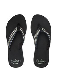 Zwarte teenslippers met een gestructureerde zool en stoffen banden met een meerkleurig geweven patroon. "Cushion by REEF" is gedrukt op het voetbed.