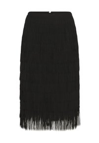 Czarna spódnica z frędzlami o prostym kroju, wykonana z teksturowanego materiału. Posiada pionowe frędzle równomiernie rozmieszczone na tkaninie oraz zamek błyskawiczny z tyłu.