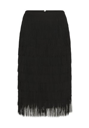 Svart franskjol med rak silhuett, gjord av texturerat material. Har vertikala fransar jämnt fördelade över tyget och dragkedjestängning bak.