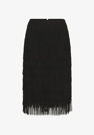 Čierna sukňa s franjou a priamym strihom, vyrobená z textúrovaného materiálu. Obsahuje vertikálne franje rovnomerne rozložené po celom látke, zapínanie na zips na zadnej strane.