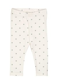 Witte katoenen leggings met een zachte textuur, voorzien van een verspreid bloemenpatroon in blauw en geel. Elastische tailleband voor gemakkelijk aan- en uittrekken.