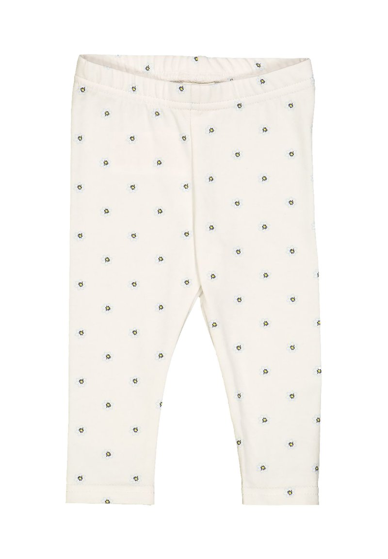 Witte katoenen leggings met een zachte textuur, voorzien van een verspreid bloemenpatroon in blauw en geel. Elastische tailleband voor gemakkelijk aan- en uittrekken.