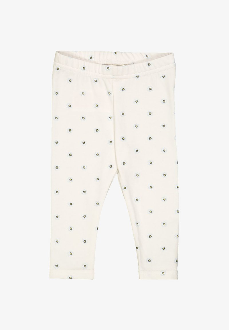 Bílé bavlněné legíny s měkkou texturou, zdobené rozptýleným květinovým potiskem v modré a žluté barvě. Elastický pas pro snadné oblékání.