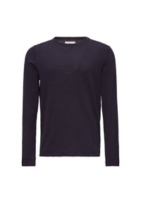 Langarmshirt met ronde hals in diep marineblauw, gemaakt van lichtgewicht stof met een gladde textuur en minimale stikdetails.
