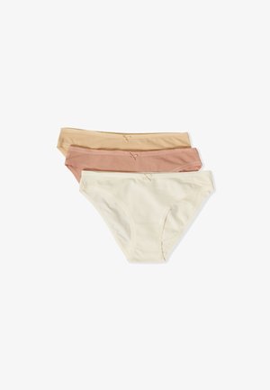 Drie dames bikinislips in beige, lichtbruin en off-white, elk met een kleine decoratieve strik in het midden van de tailleband.