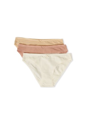 Tres pares de braguitas de bikini de algodón en beige, rosa empolvado y blanco roto, cada uno con un pequeño lazo en el centro de la cintura.