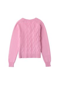 Maglione rosa lavorato a maglia con un motivo a treccia sulla schiena, polsini e orlo a coste, scollo rotondo e maniche lunghe.