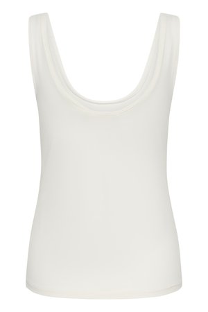 Άσπρο αμάνικο τοπ με φαρδιές τιράντες και στρογγυλή λαιμόκοψη, εμφανιζόμενο σε μονόχρωμο φόντο.
