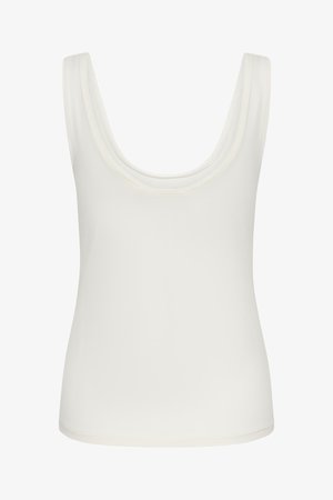 Άσπρο αμάνικο τοπ με φαρδιές τιράντες και στρογγυλή λαιμόκοψη, εμφανιζόμενο σε μονόχρωμο φόντο.